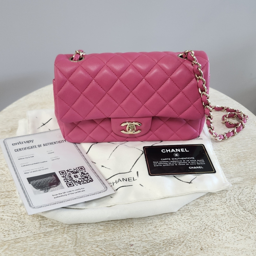 Chanel 2016/2017 Quilted Pink Classic Mini Flap with Gold Hardware and COA